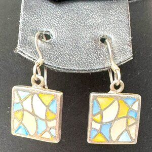Vintage Sterling Silver Square Mosaic Dangle Earrings Blue & White Inlay Artisan